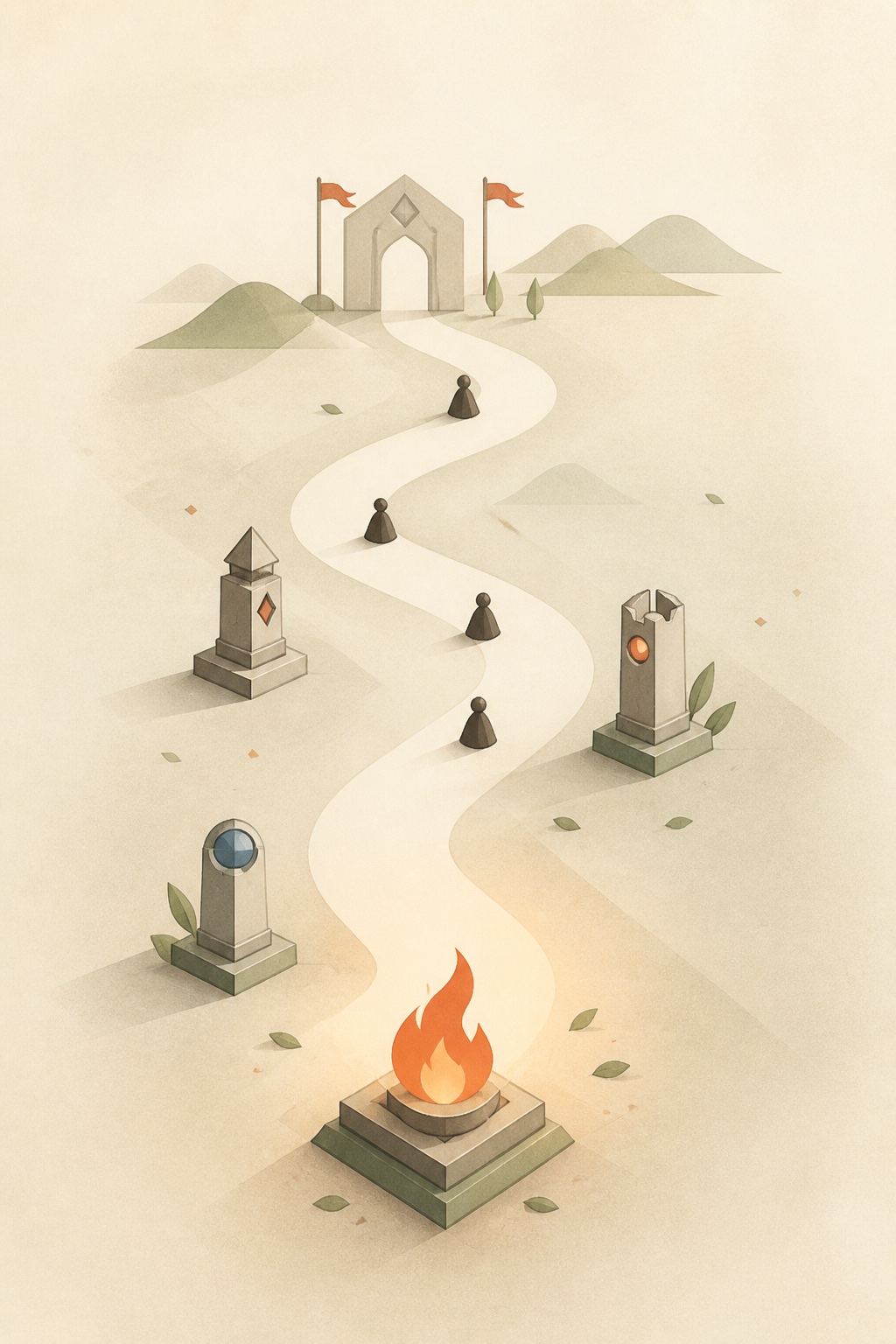 A clean illustrated winding road defended by cairn-like towers and a warm flame