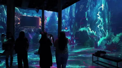 Visitors moving through Protopica's immersive ocean world at ARTECHOUSE in New York