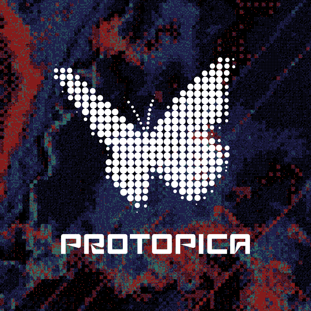 Protopica butterfly logo on a dithered blue and red background