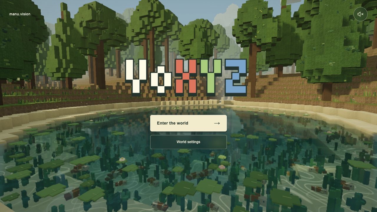 Voxyz: a reflective pond surrounded by a living voxel forest